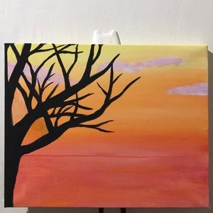 Sunset painting with tree silhouette and clouds
